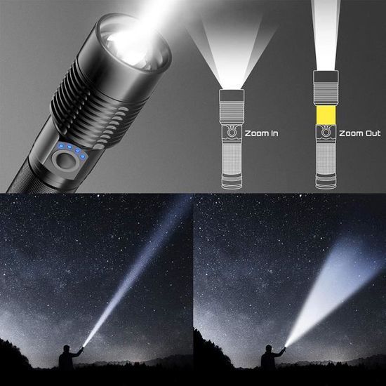 Lampe de Poche Ultra Puissante 50000 Lumen, Torche Militaires Tactique  Rechargeable USB Ultra Lumineuse, 6 Modes d'Eclairage, Lampe Torche  Zoomable Imperméable Camping, 26650 Batterie Incluse : : Bricolage