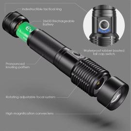 Lampe de Poche Ultra Puissante 50000 Lumen, Torche Militaires Tactique  Rechargeable USB Ultra Lumineuse, 6 Modes d'Eclairage, Lampe Torche  Zoomable Imperméable Camping, 26650 Batterie Incluse : : Bricolage