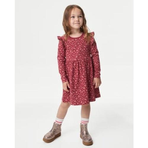 Robe 100 % Coton À Motif Fleuri Et Volants (Du 2 Au 8 Ans) - Rouge