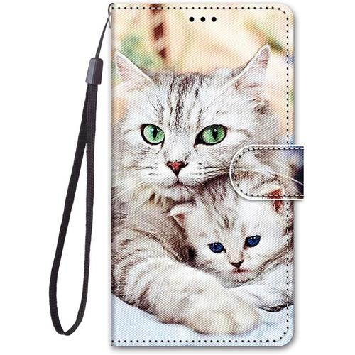 Coque Compatible Pour Samsung Galaxy A40 2019 Étui Silicone Drôle Motif Housse Pu Cuir Clapet A Rabat Avec Support Case Cover Flip Antichoc Magnetique Portefeuille (Chat Blanc)