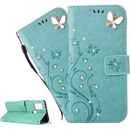 Coque Huawei P Smart 2021,Portefeuille Etui Housse Pour Huawei P Smart 2021 Coque Gaufrage Paillette Diamant Papillon Fleur Pu Cuir Flip Wallet Couverture Pour Huawei P Smart 2021,Gh Green