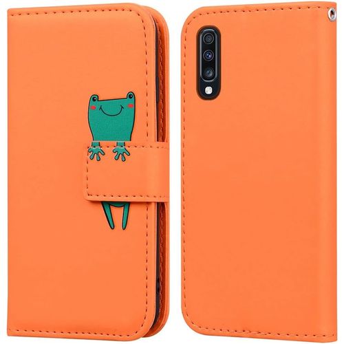 Coque Pour Samsung Galaxy A70, Mignon Cartoon Animal Grenouille Etui Portefeuille En Cuir Pu Housse Avec Fonction Stand, Fermeture Magnetique, Emplacements De Cartes -Orange