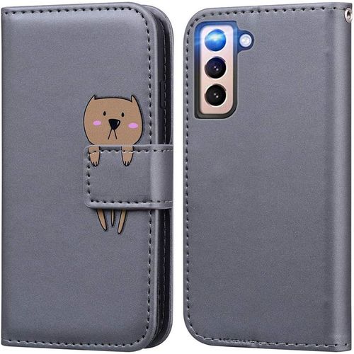Coque Pour Samsung Galaxy S21 5g, Mignon Cartoon Animal Ours Etui Portefeuille En Cuir Pu Housse Avec Fonction Stand, Fermeture Magnetique, Emplacements De Cartes -Gris