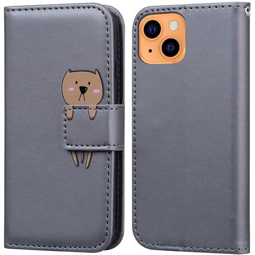 Coque Pour Iphone 13 (6,1 Pouces), Mignon Cartoon Animal Ours Etui Portefeuille En Cuir Pu Housse Avec Fonction Stand, Fermeture Magnetique, Emplacements De Cartes -Gris