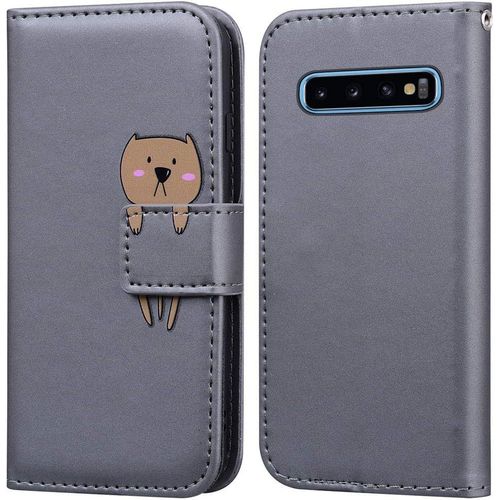 Coque Pour Samsung Galaxy S10, Mignon Cartoon Animal Ours Etui Portefeuille En Cuir Pu Housse Avec Fonction Stand, Fermeture Magnetique, Emplacements De Cartes -Gris