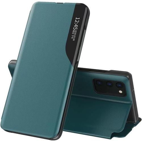 Coque Compatible Avec Samsung Galaxy A54 5g, Prime Cuir Étui Housse À Rabat Case Cover Avec Clear Miroir Afficher Fenêtre Avec Pliable Fonction Stand, Vert