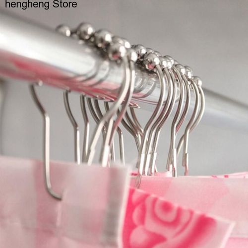 12 Pcs/Pack Argent Ensemble Nickel Satiné Poli 5 Rouleau Boule Anneaux De Rideau De Douche Crochets Salle De Bain Outil Accessoires De Rideau