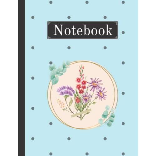Notebook: Pastel Blue Polka Dot Water Colour Floral - 8.5" X 11" 200 Pages - White College Ruled