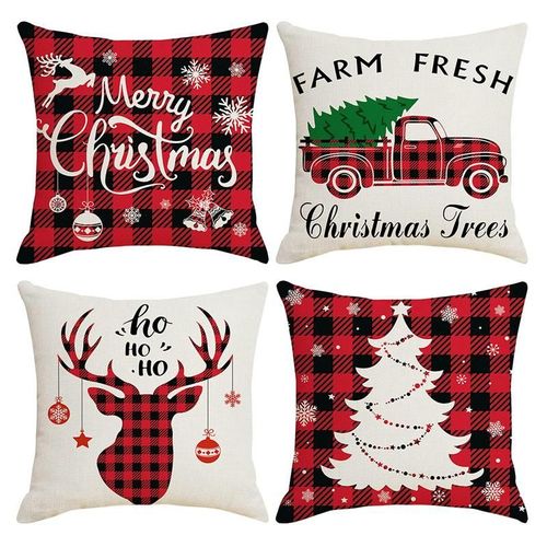 Ensemble De Housses De Coussin Décoratives De Noël, 4 Pièces, Taie D'oreiller En Lin Avec Impression De Noël, Lavable En Machine