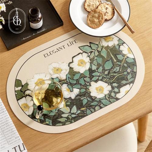 Waterproof And Oil-Proof Scrubbing Mouse Pad Flowers Retro Heat Insulation Mat Nordic Oil Painting Style 1pcs Leather Place Mat