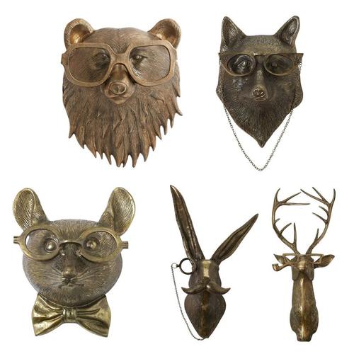 Sculpture de tête d'animal nordique en résine bronzée avec lunettes ours renard souris Figurine suspendue pour maison 2022