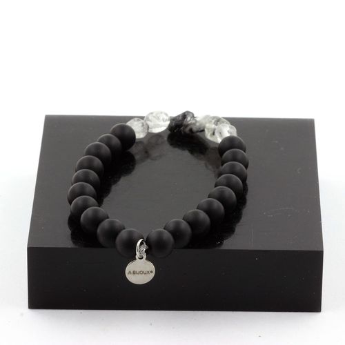 Bracelet Quartz À Inclusions De Tourmaline Du Brésil + Perles Onyx Fabriqué En France.