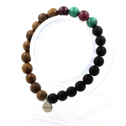Bracelet Perles Malachite Du Congo + Grenat + Onyx Noir Mat + Bois 8 Fabriqué En France.