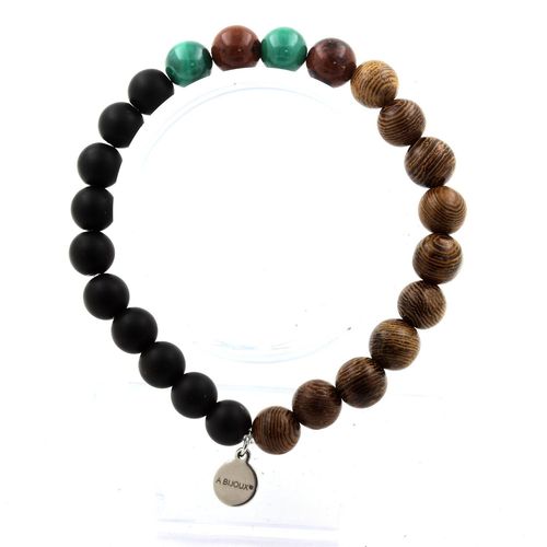 Bracelet Perles Malachite Du Congo + Obsidienne Mahogany + Onyx Noir Fabriqué En France.