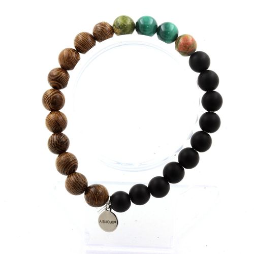 Bracelet Perles Malachite Du Congo + Unakite + Onyx Noir Mat + Bois 8 Fabriqué En France.