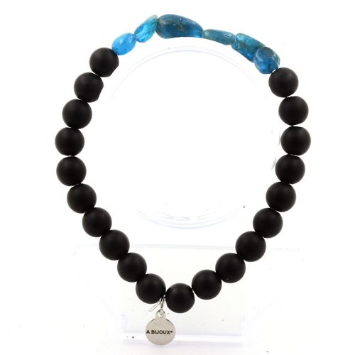 Bracelet Apatite Bleu Du Brésil + Perles Onyx Noir Mat 8 Mm. Fabriqué En France.