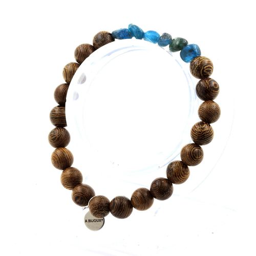 Bracelet Apatite Bleu Du Brésil + Perles Bois 8 Mm. Fabriqué En France.