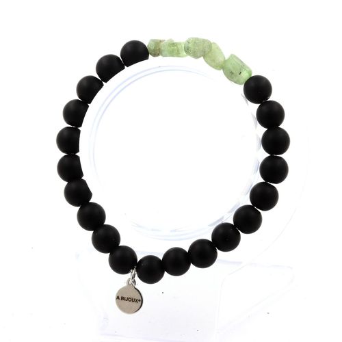 Bracelet Apatite Verte De Madagascar + Perles Onyx Noir Mat 8 Mm. Fabriqué En France.