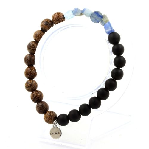 Bracelet Cyanite Bleu Du Brésil + Perles Onyx Noir Mat + Bois 8 Mm. Fabriqué En France.