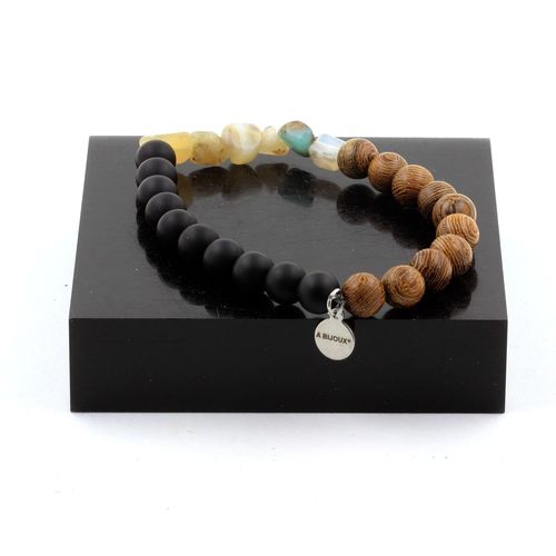 Bracelet Opale Multicolore D' Australie + Perles Onyx Noir Mat + Bois Fabriqué En France.