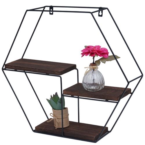 Étagère Murale Hwc-K76, Étagère Suspendue Étagère Flottante, 3 Étagères Métal Bois Massif Industriel 43x49x11cm   Brun Foncé