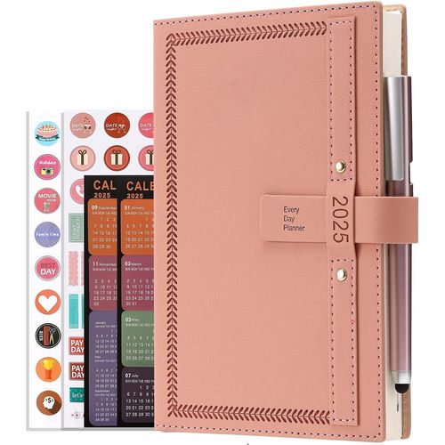 Agenda 2025 Annuel Complet Avec Calendrier, Stylo, Porte-Stylo, Onglets Mensuels Et Poche Intérieure - Format A5 - Format A5 - Rose