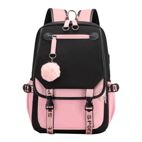 Sac à dos multifonctionnel pour Filles,Sac à dos portable étudiant,Sac à dos de loisirs de grande capacité,Sac d'école Color Block avec chargement USB et prise casque,Noir Rose