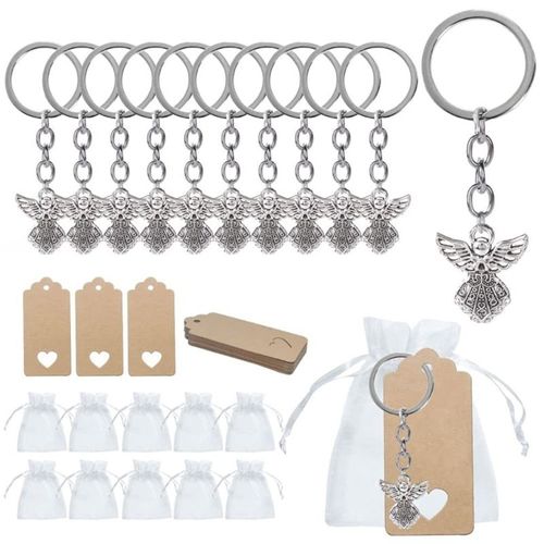 30 pièce Alliage Pendentif Ange Porte-clés et Sac De Fil et Merci Kraft Étiquette pour Mariage Cadeau de Baptême Bébé Douche Faveurs De Fête