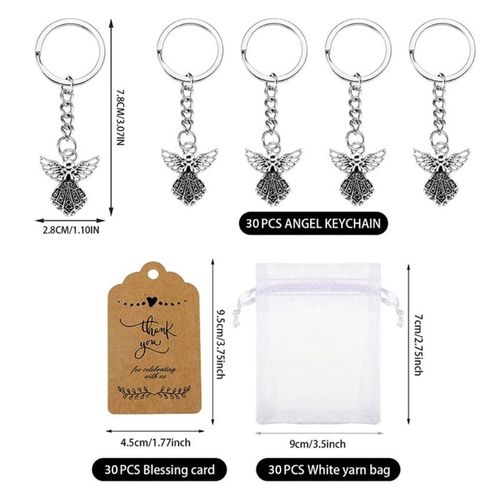 Porte-clés ange en métal, sacs en fil blanc et étiquettes de remerciement pour mariage, réception-cadeau pour bébé, fête d'anniversaire pour enfants, 30 pièces