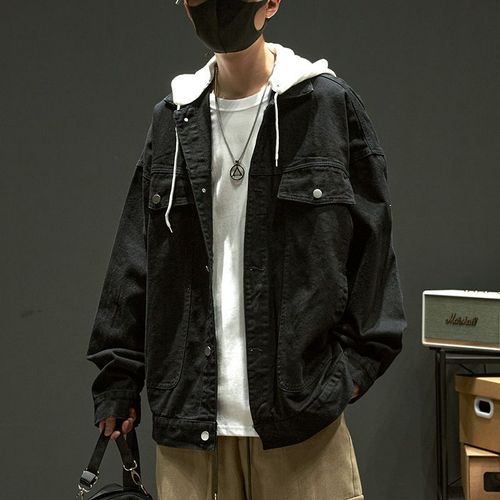 Veste En Jean A Capuche Pour Hommes Faux Deux Pieces A La Mode De Style Hongkongais De Style Japonais Lâche Et Polyvalent Automne Belle Veste De Travail A Capuche