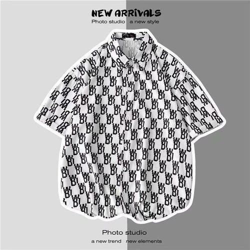 Tide Marque Style Chemise A Manches Courtes Hommes Ins Lettre Impression Numérique Coréen Occasionnel Lâche Couple Demi-Manches Floral Chemise