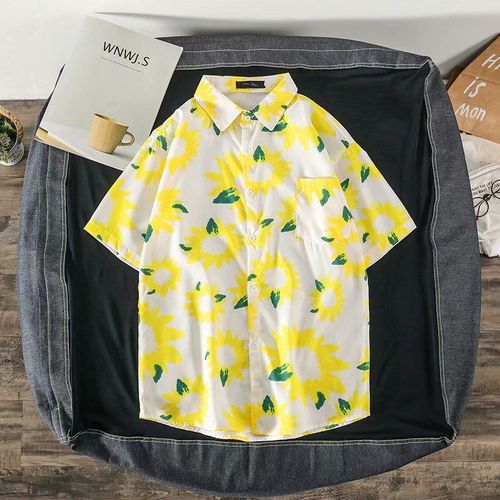 Petite Chemise Imprimée Marguerite Mâle Version Coréenne A Manches Courtes Tendance Été Lâche Filet Rouge Couple Porter Chemise Chrysantheme Section Mince