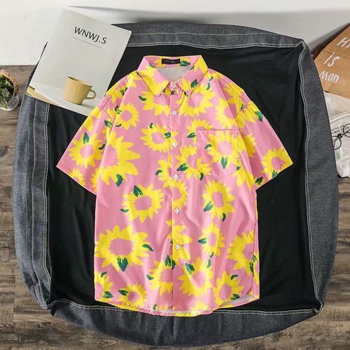 Petite Chemise Imprimée Marguerite Mâle Version Coréenne A Manches Courtes Tendance Été Lâche Filet Rouge Couple Porter Chemise Chrysantheme Section Mince
