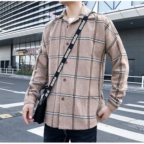 Printemps Et Automne Japonais Nouveau Coupe-Vent A Carreaux En Laine Hommes Version Coréenne Tendance Ins Manteau Manteau Rétro All-Match De Style