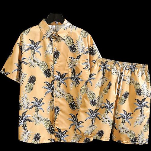 Été Style Chemise A Manches Cinq-Quarts Tendance Rétro Lâche Plage Fleur Chemise Hawaii Bord De Mer Costume De Voyage Homme