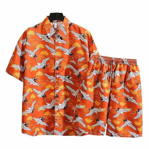 Été Style Chemise A Manches Cinq-Quarts Tendance Rétro Lâche Plage Fleur Chemise Hawaii Bord De Mer Costume De Voyage Homme