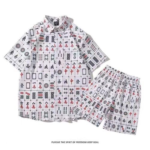 Été Deux Pieces Costume Personnalité Mahjong Chemise Mâle Design Sens Niche A Manches Courtes Amusant Couple Chemise Rue A La Mode Marque