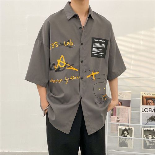 Chemise De Style Japonais Hommes Ins Été Décontracté All-Match A Manches Courtes Impression De Graffiti Chemise Tendance Veste A Manches Courtes A La Mode