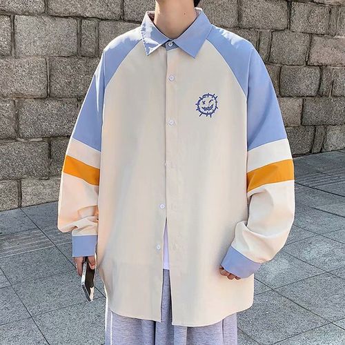 Printemps Et Automne Chemise A Manches Longues Couleur Bloquante Petit Diable Hommes Cardigan Revers Ruffian Beau Style Chemise Japonaise Petite Veste