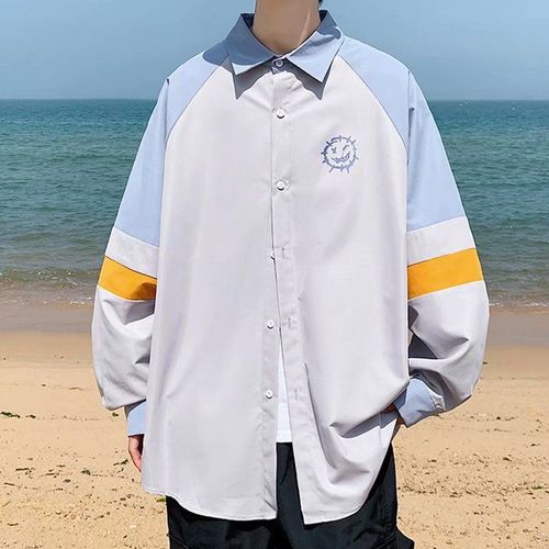 Printemps Et Automne Chemise A Manches Longues Couleur Bloquante Petit Diable Hommes Cardigan Revers Ruffian Beau Style Chemise Japonaise Petite Veste