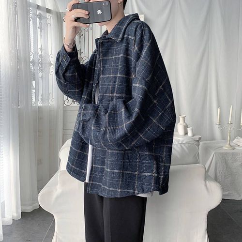 Veste En Laine De Style Tendance Pour Hommes En Vrac Modeles D'automne Et D'hiver Épaissie Veste Tendance A Revers A Carreaux Chauds