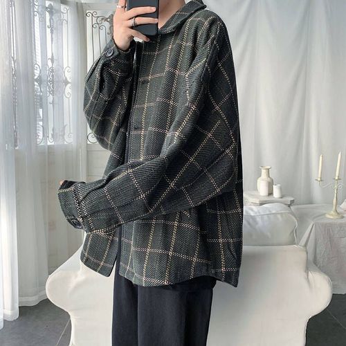 Veste En Laine De Style Tendance Pour Hommes En Vrac Modeles D'automne Et D'hiver Épaissie Veste Tendance A Revers A Carreaux Chauds