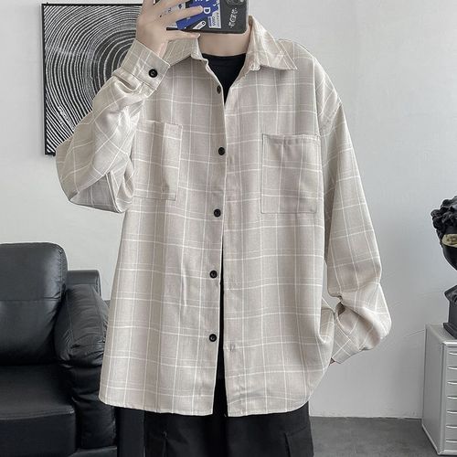 Chemise Homme Été Section Mince Tendance Chemise A Manches Longues A Carreaux Japonais All-Match Printemps Et Automne Style Ruffian Beau Top Coat
