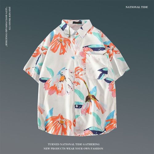 Japonais Ins Style Été Chemise A Fleurs A Manches Courtes Hommes Et Femmes Rétro Ruffian Beau Couple De Plage Hawaienne Chemise Ample