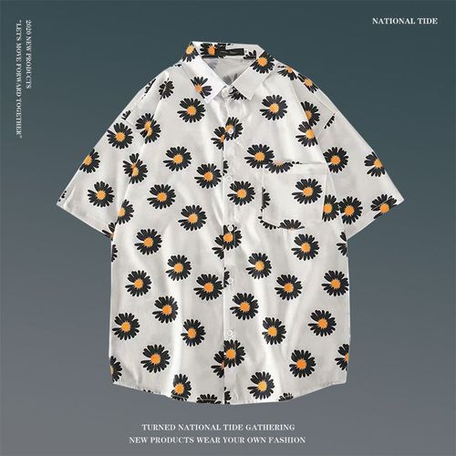 Japonais Ins Style Été Chemise A Fleurs A Manches Courtes Hommes Et Femmes Rétro Ruffian Beau Couple De Plage Hawaienne Chemise Ample