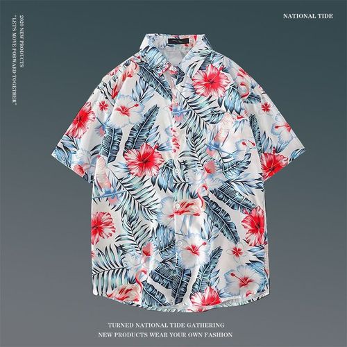 Japonais Ins Style Été Chemise A Fleurs A Manches Courtes Hommes Et Femmes Rétro Ruffian Beau Couple De Plage Hawaienne Chemise Ample