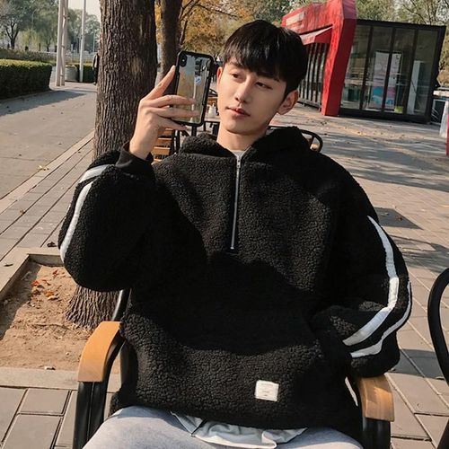Hiver Pull A Capuche Hommes Agneau Velours Épais Style Coréen En Peluche Pull Veste Belle Lettre Kangourou Poche Pull