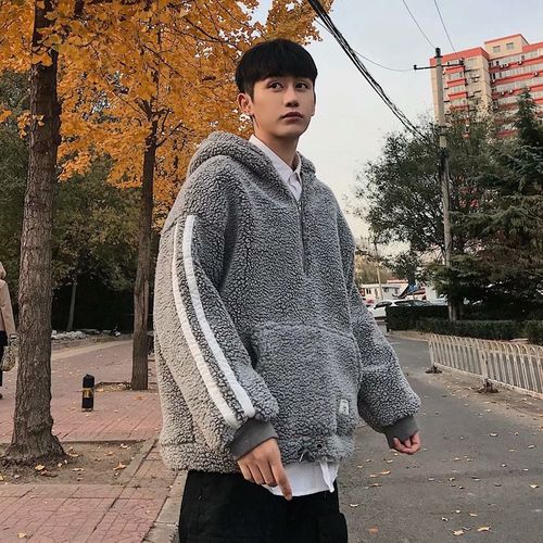 Hiver Pull A Capuche Hommes Agneau Velours Épais Style Coréen En Peluche Pull Veste Belle Lettre Kangourou Poche Pull