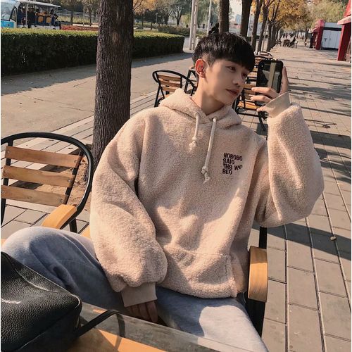Hiver Pull A Capuche Hommes Agneau Velours Épais Style Coréen En Peluche Pull Veste Belle Lettre Kangourou Poche Pull