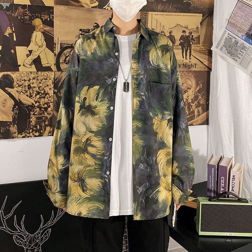 Chemise A Fleurs Japonaise Pour Hommes De Style Rétro Ample Chemise A Manches Longues All-Match Ruffian Beau Coréen A La Mode Casual Couple Veste
